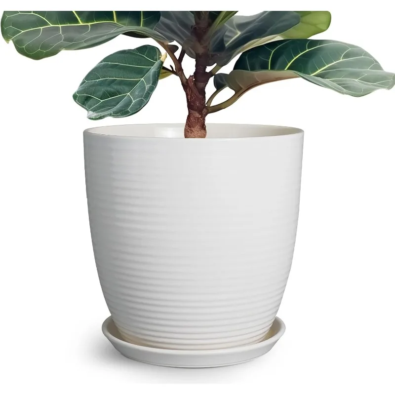 12 Inch Ceramic Planter Pot, Large Planter With Drainage Hole And Saucer Round Flower Pot For Indoor Outdoor Plants, White