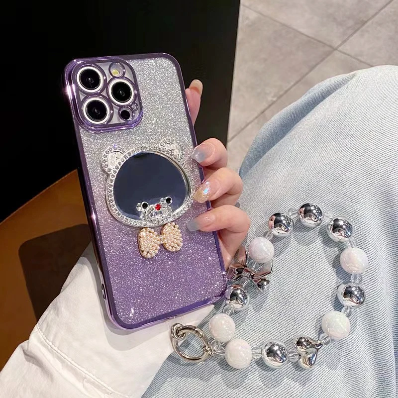 Glittering Diamond Bear Vanity Mirror Pearl Bracelet Phone Case For iPhone 15 14 13 12 11 Pro Max Plus + X XS Max XR Back Cover