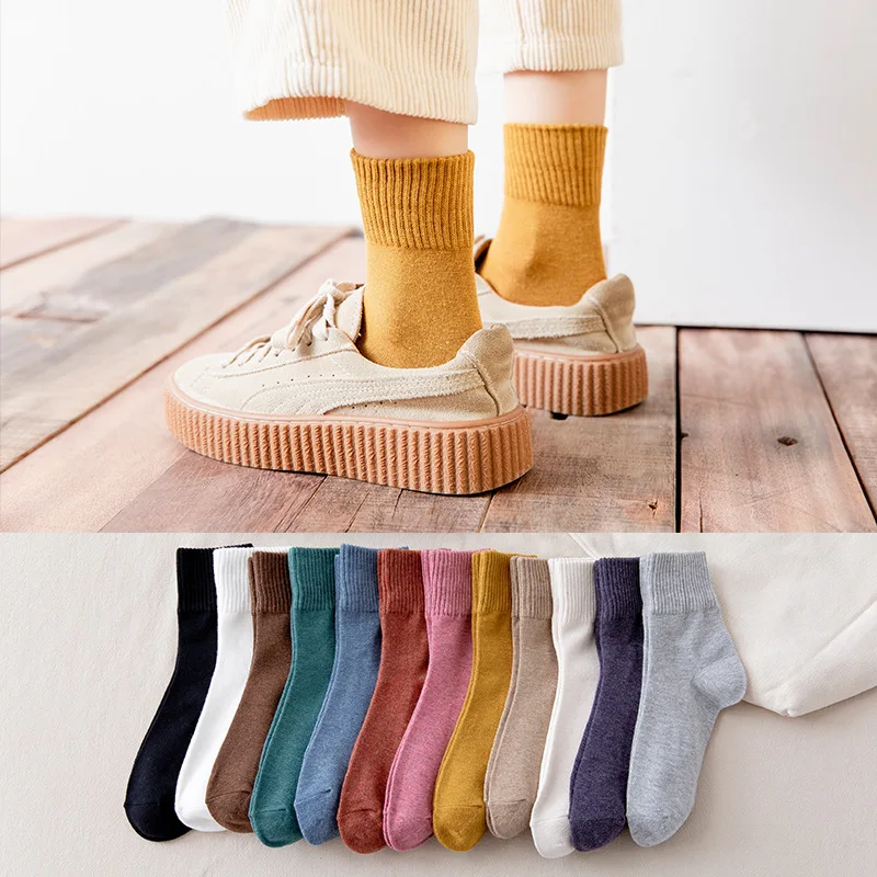 Random 5 Pairs Autumn Winter Ins Women's Mid-tube Harajuku Socks Cotton Solid Color Casual Comfortable Breathable Soft Sock