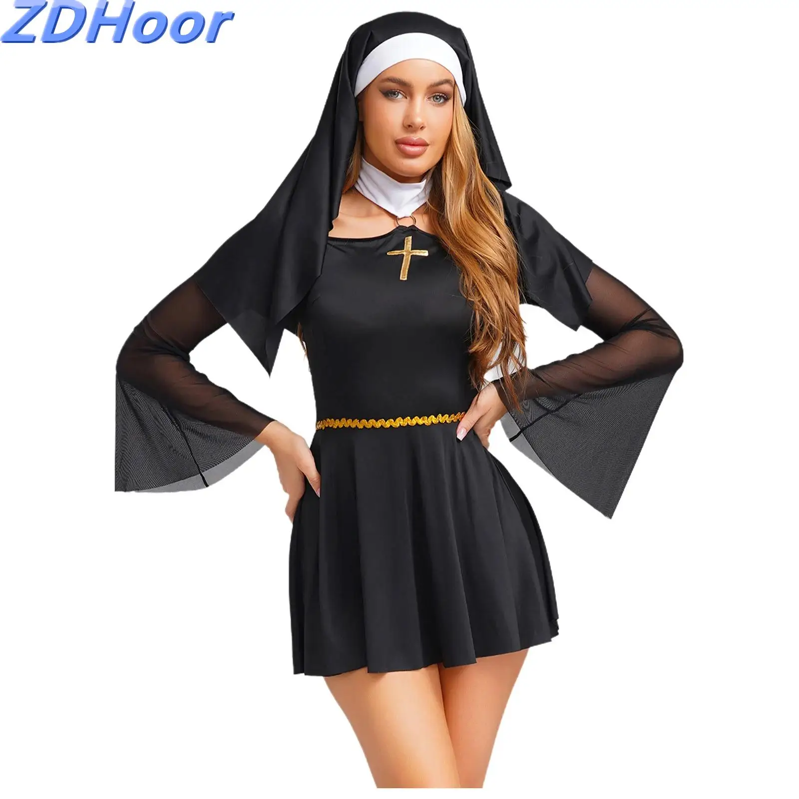 Women Nun Cosplay Dress O-ring Halter Off Shoulder Mesh Costume Halloween Themed Party Dress Long Sleeve Dress with Headscarf