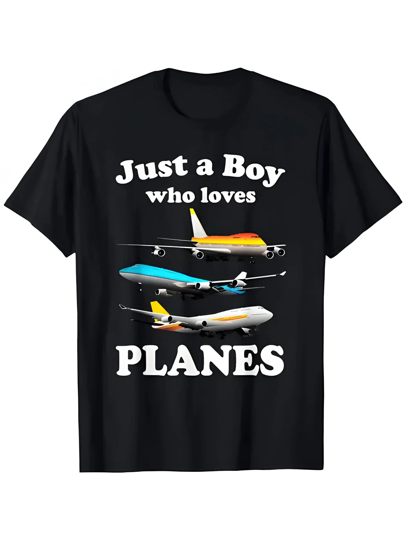 Men'S Aviation-Themed "Just a Boy Who Loves Planes" Graphic T-Shirt - Heavyweight Oversized Relaxed Fit Short Sleeve