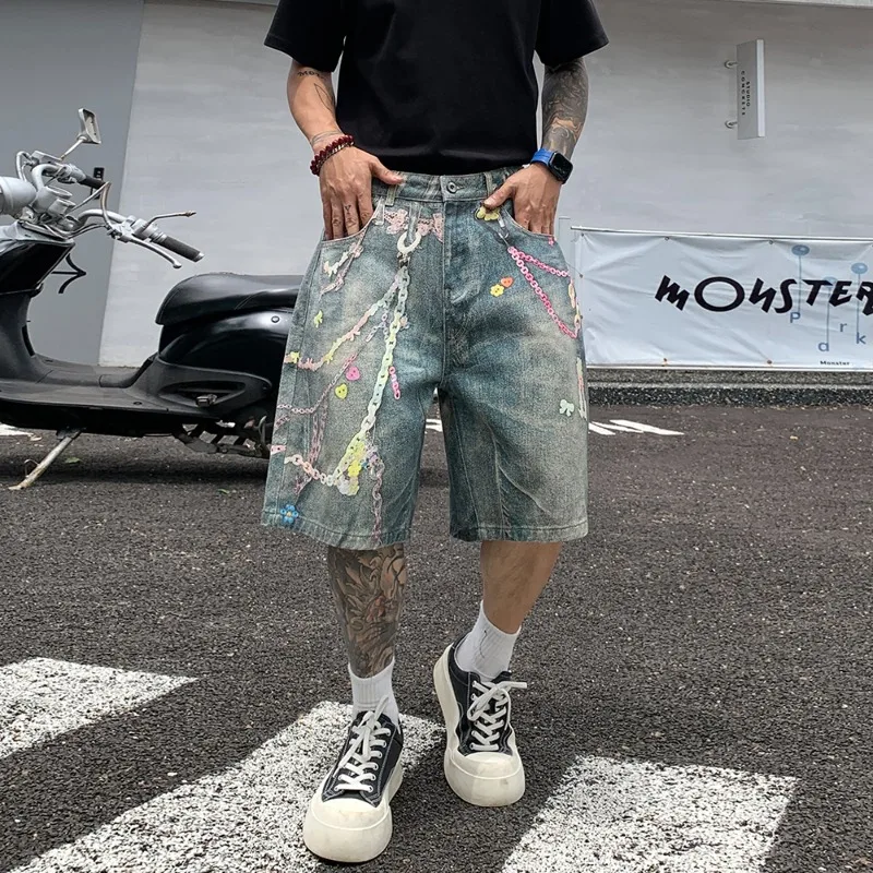 Y2k Denim Shorts Men's Summer American Street Loose Straight Leg Five Quarter Pants Washed Graffiti Printed Wide Leg Shorts