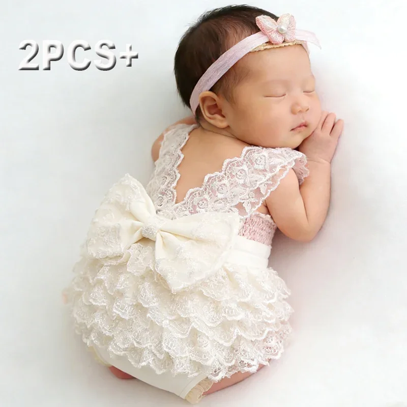 Ylsteed Newborn Photography Lace Romper Set Photo Shoot Outfits with Bow Headband for Baby Girl Picture Ideas