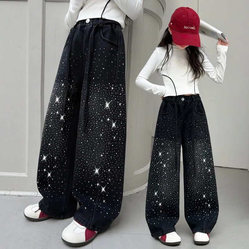 Girls Spring Autumn Jeans New Teens Children's Sky Full Star Rhinestone Loose Wide Leg Denim Pants Fashion Curved Knife Trousers
