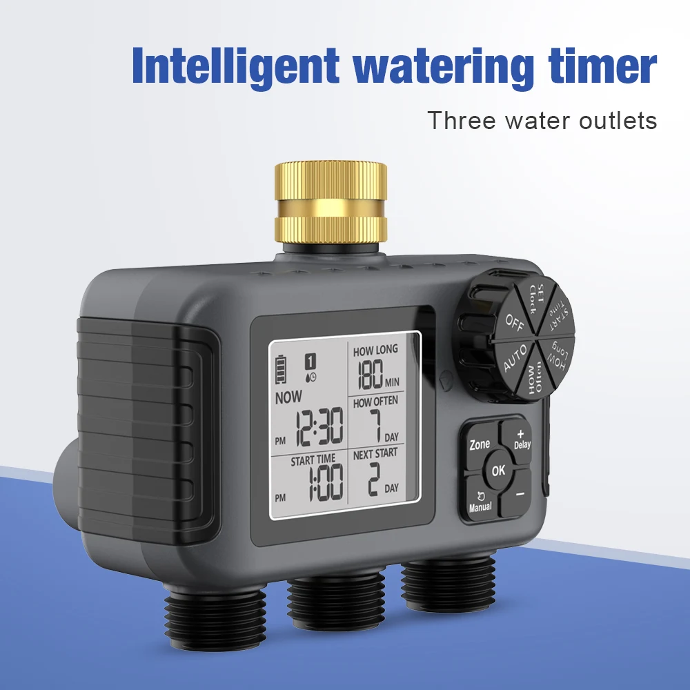 3-Outlet Garden Water Timer Programmable Automatic Irrigation System with Rain Delay Manual Auto Mode Lawn Sprinkler Controller