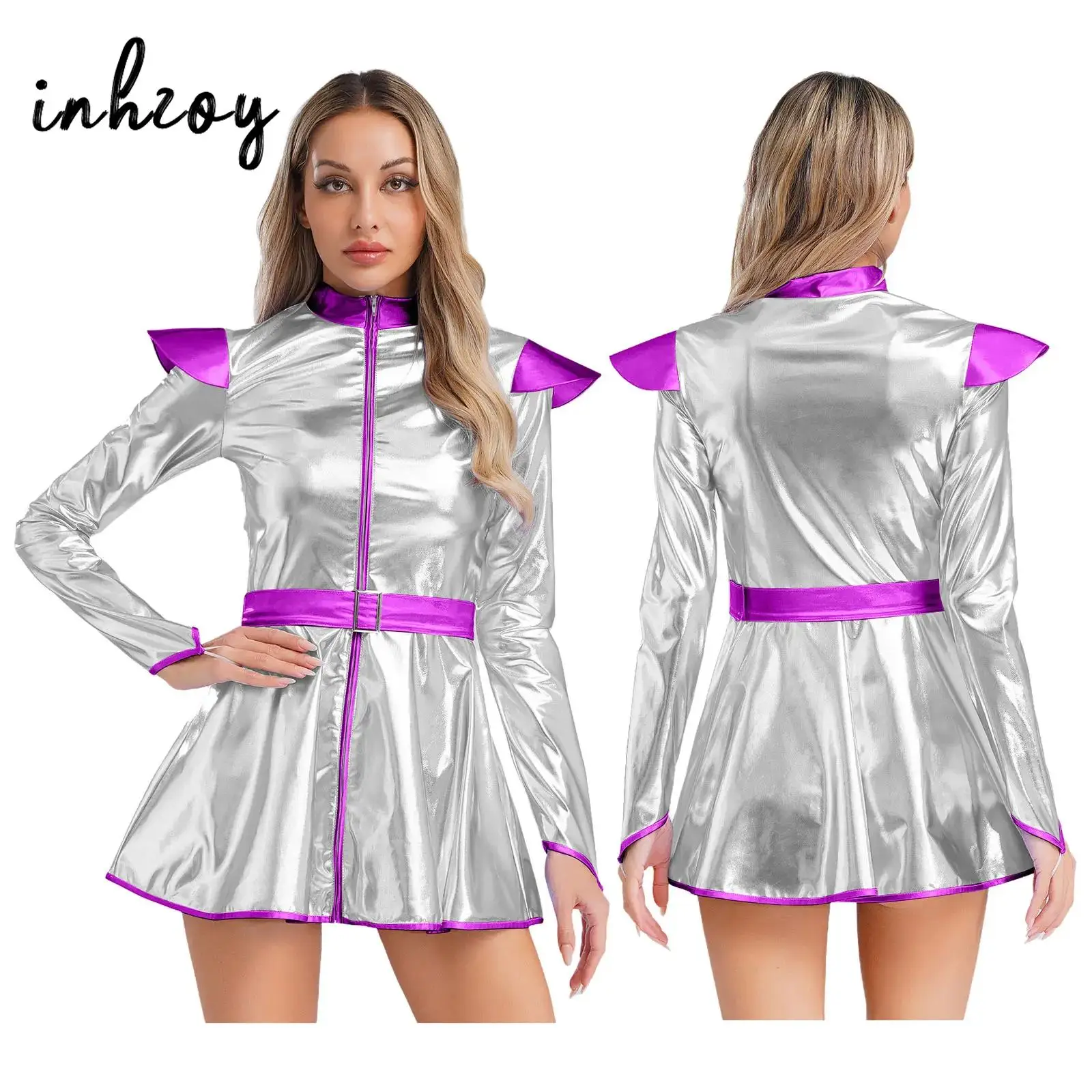 Halloween Alien Costume Outer Space Robot Cosplay Party Dress Womens Girl Roleplay Leotard Dress with Long Sleeves Belt Metallic
