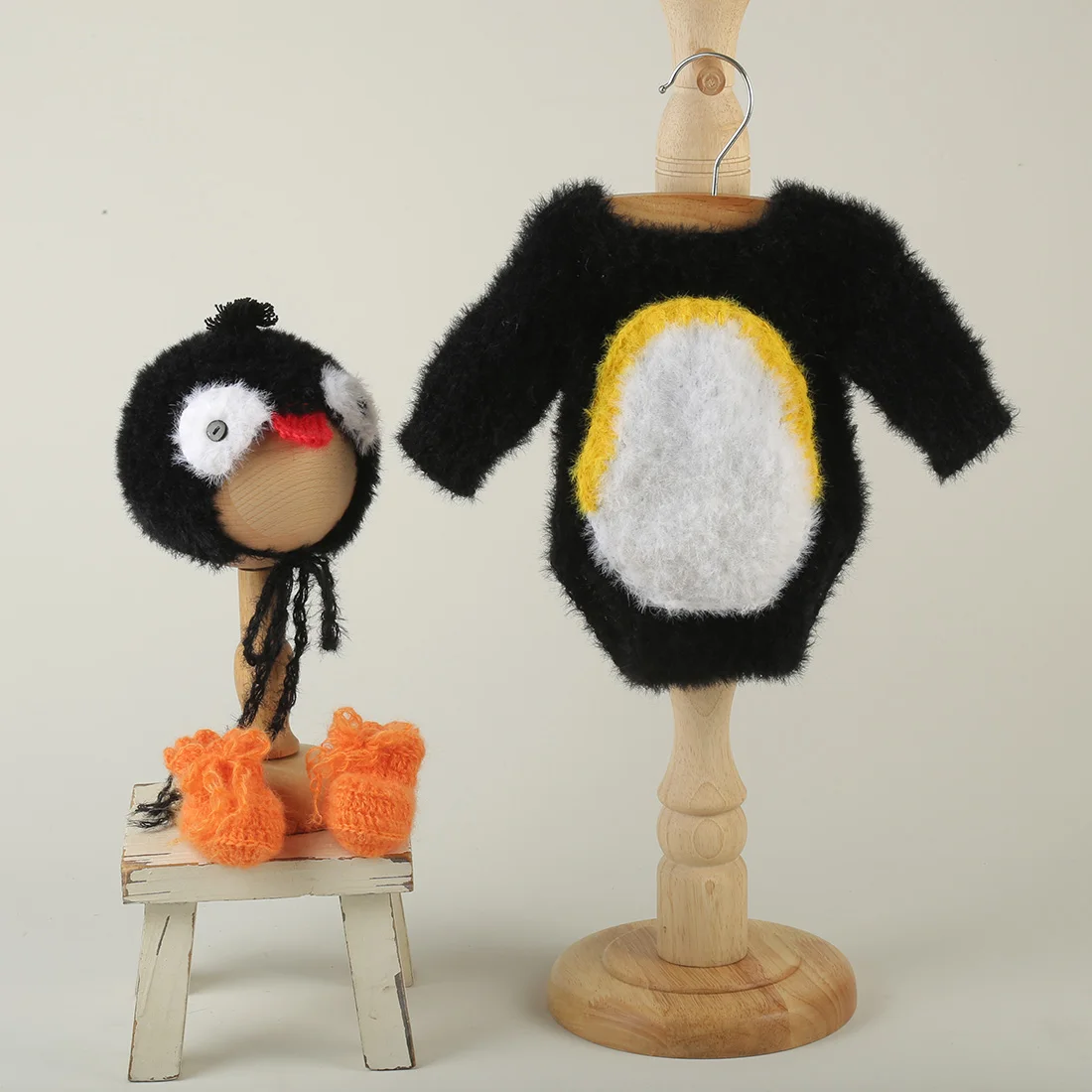 Newborn Penguin Outfit Baby Knitted Stretch Fuzzy Romper Photo Props Crochet Clothes Set Photogaphy Accessories