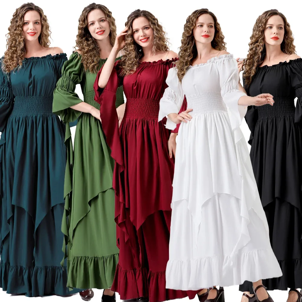 Women Renaissance Boho Petticoat Retro Pleated Long Dress Gown Long Sleeves Off Shoulder Smocked Waist Medieval Costume