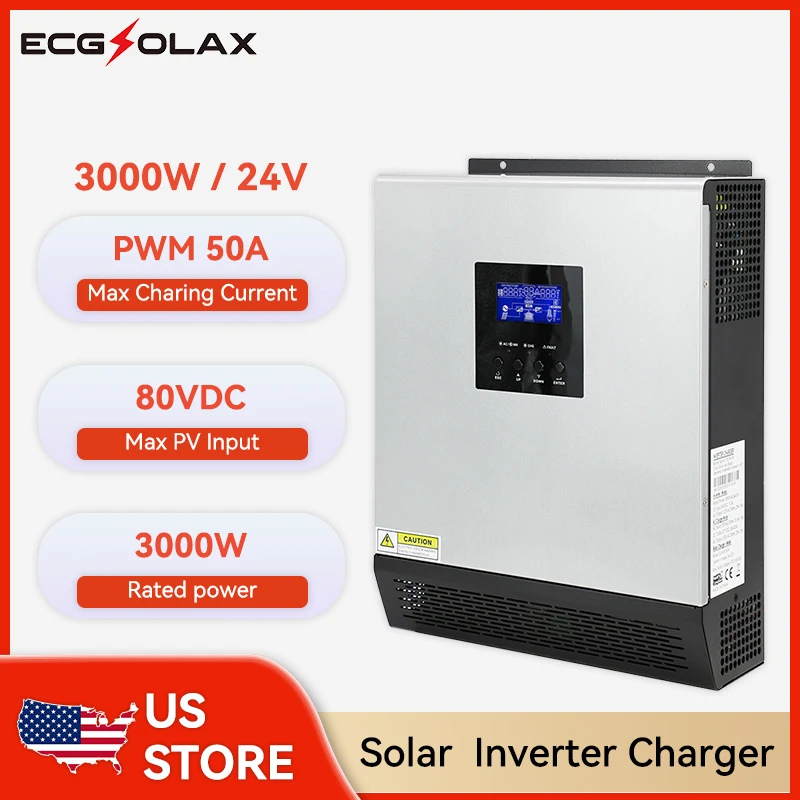 ECGSOLAX 2400W Hybrid Solar Inverter 24V 110V With PWM 50A Charging Controller Off-grid Solar Inverter 3000VA 120V Max PV 80VDC