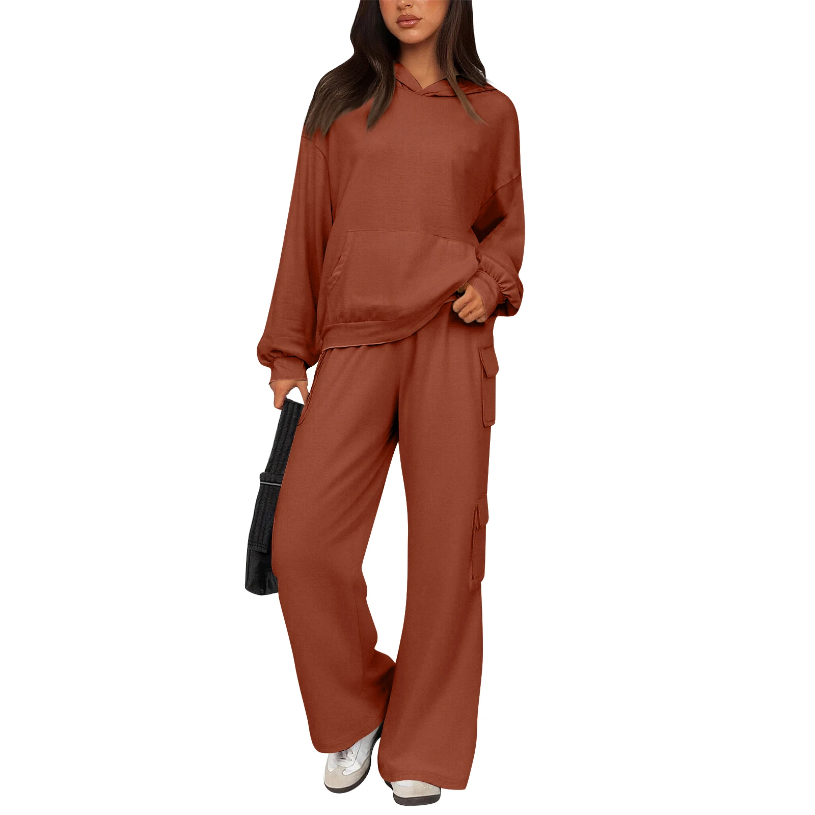 Relaxed Stylish Women Two Piece Set Hoodie Popular Cargo Pocket Wide Leg Pants Trendy Loose Fit Comfy Casual Lounge Outfit