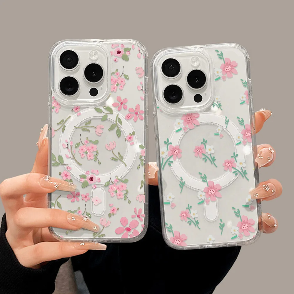 Pink Flower Phone Case For iPhone 17 Pro Max Case iPhone 16 13 15 11 12 14 Pro Max 17 Air For Magsafe Magnetic Clear Cover Funda