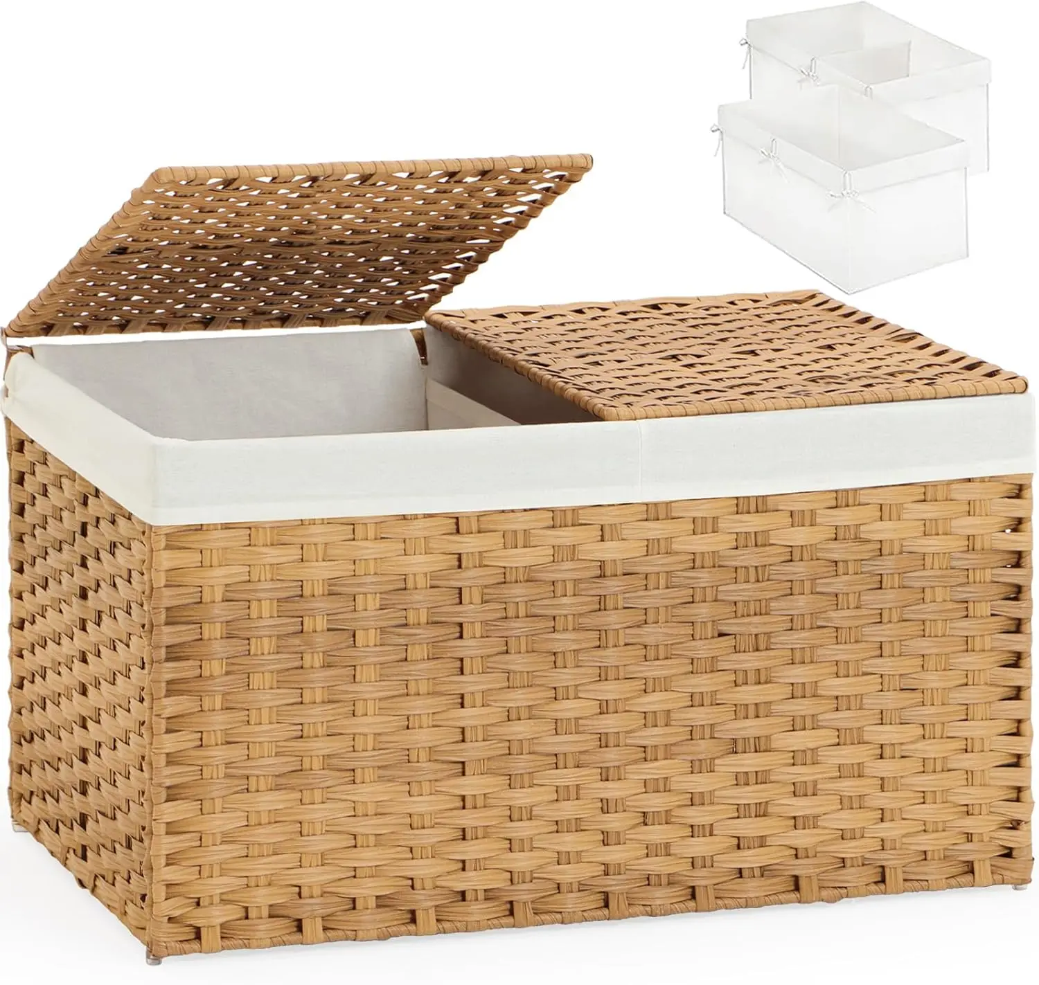 Foldable Rattan Storage Basket with Lid, 17.2 Gallon Capacity, Includes Removable Liner Bags for Home Organization