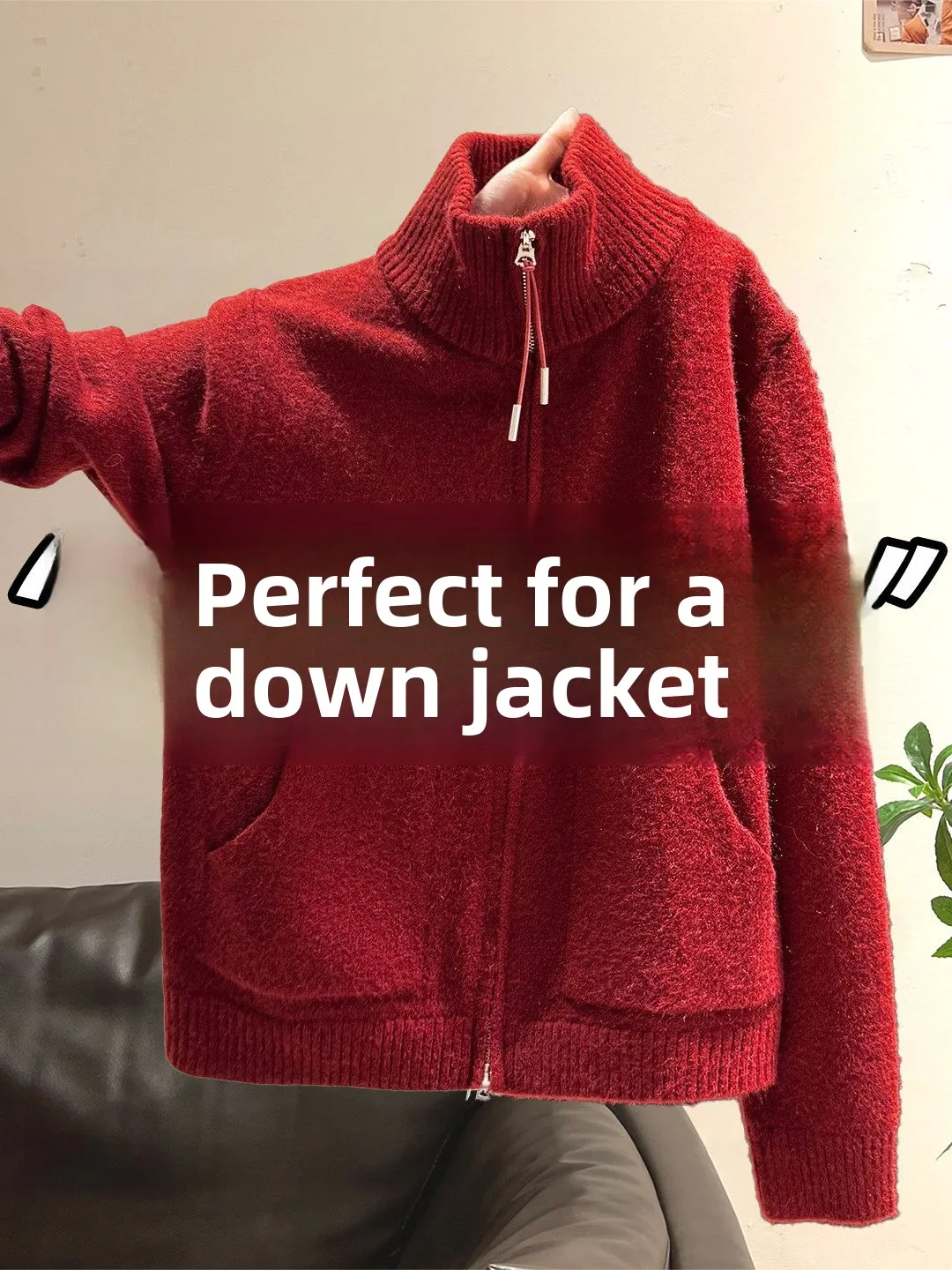 Red Thiened Stand Collar Sweater Cardigan for Women Autumn Winter Outerwear Matching down Jaet Inner Core Year Lu...