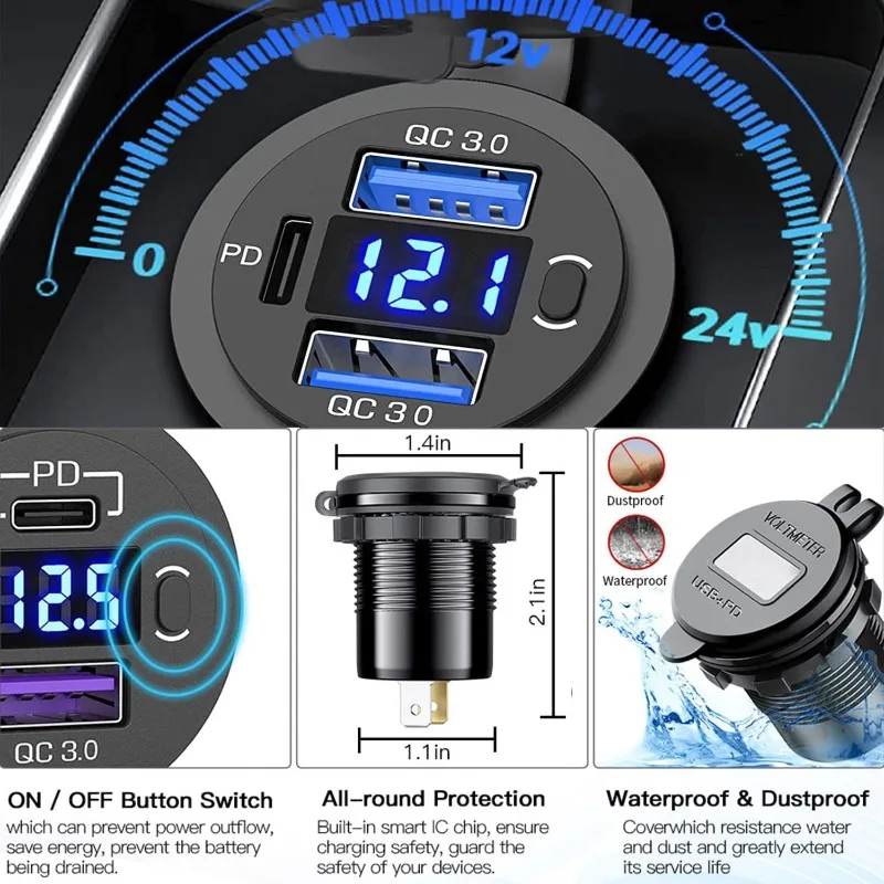 Digital Display Car Charger, 3USB Ports QC3.0 Fast Charging Adapter, 12V/24V Socket for Car RV Yacht Auto Vehicle