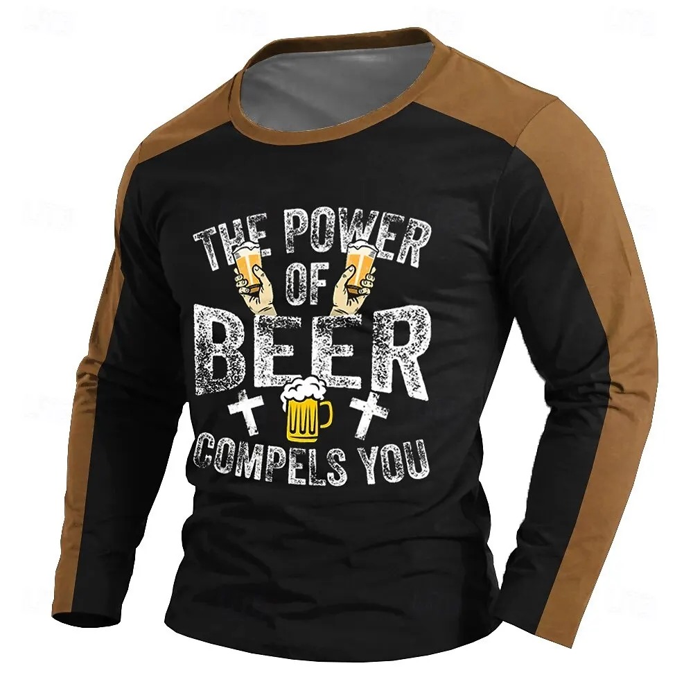 Funny 3D Beer Print T Shirt For Men Fashion Letter Pattern Long Sleeved T-Shirt Casual O-neck Oversized Pullover Autumn Clothing