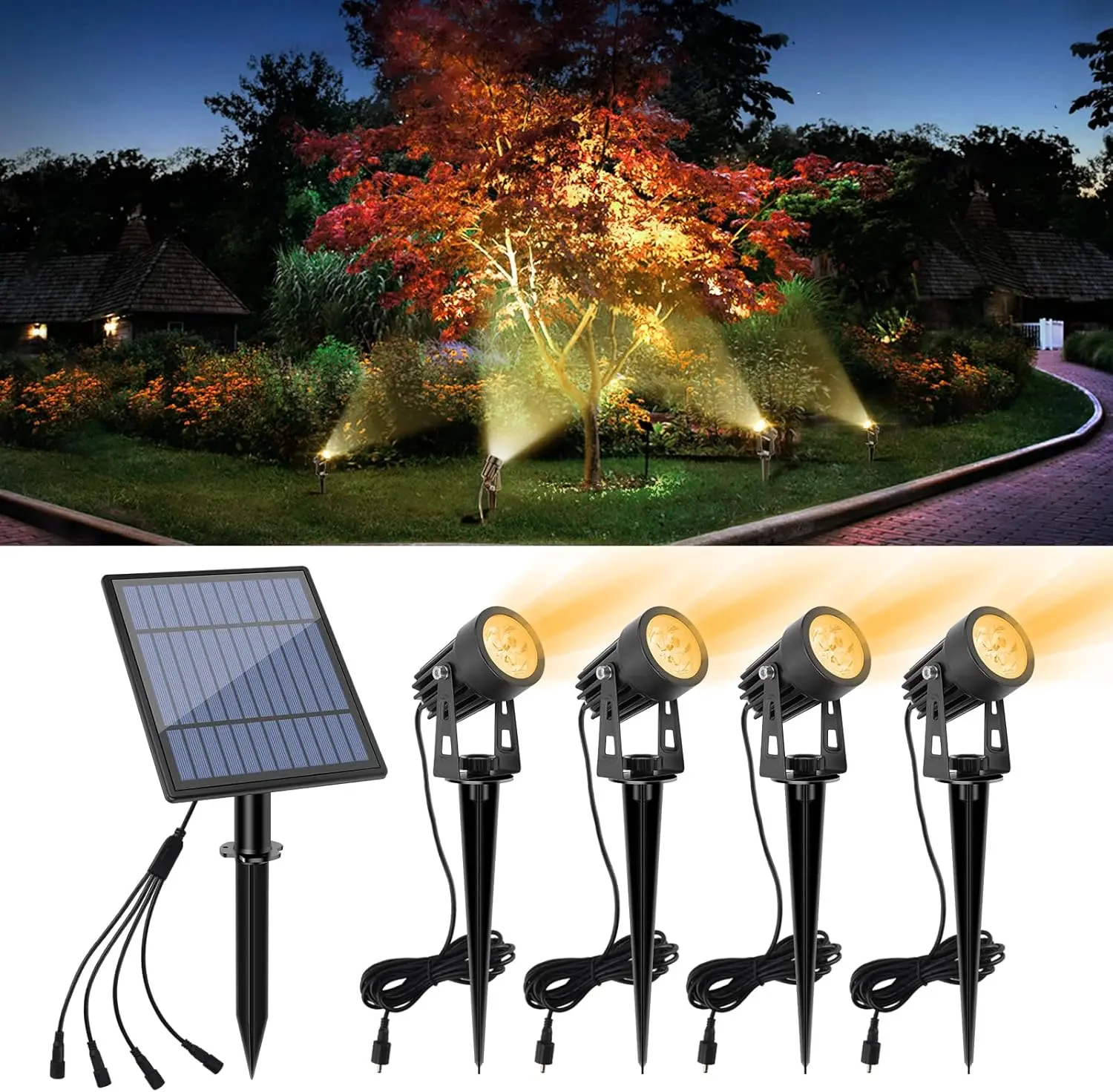 Solar Spot Lights Outdoor with 9.8ft Cable, IP65 Waterproof, Auto On/Off for Garden Yard Pathway - Warm White (4-in-1)
