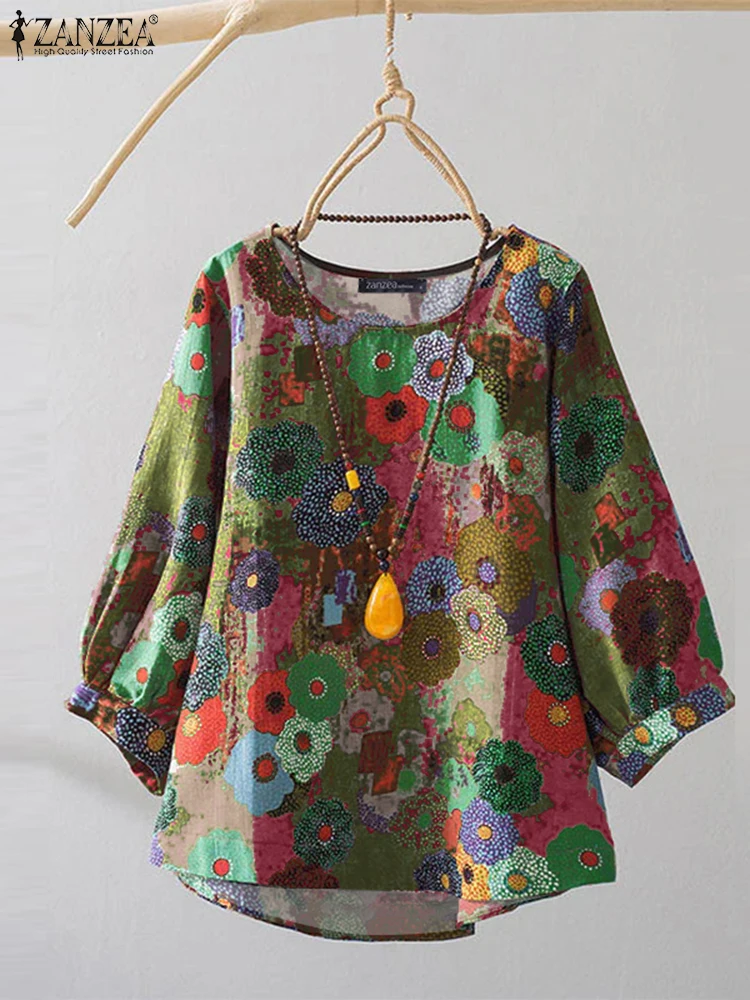 Plus Size Blouses ZANZEA Women Cotton Blouse 2025 Summer Long Sleeve Retro Floral Print Shirts Vintage Office Lady Tops 0XL-5XL