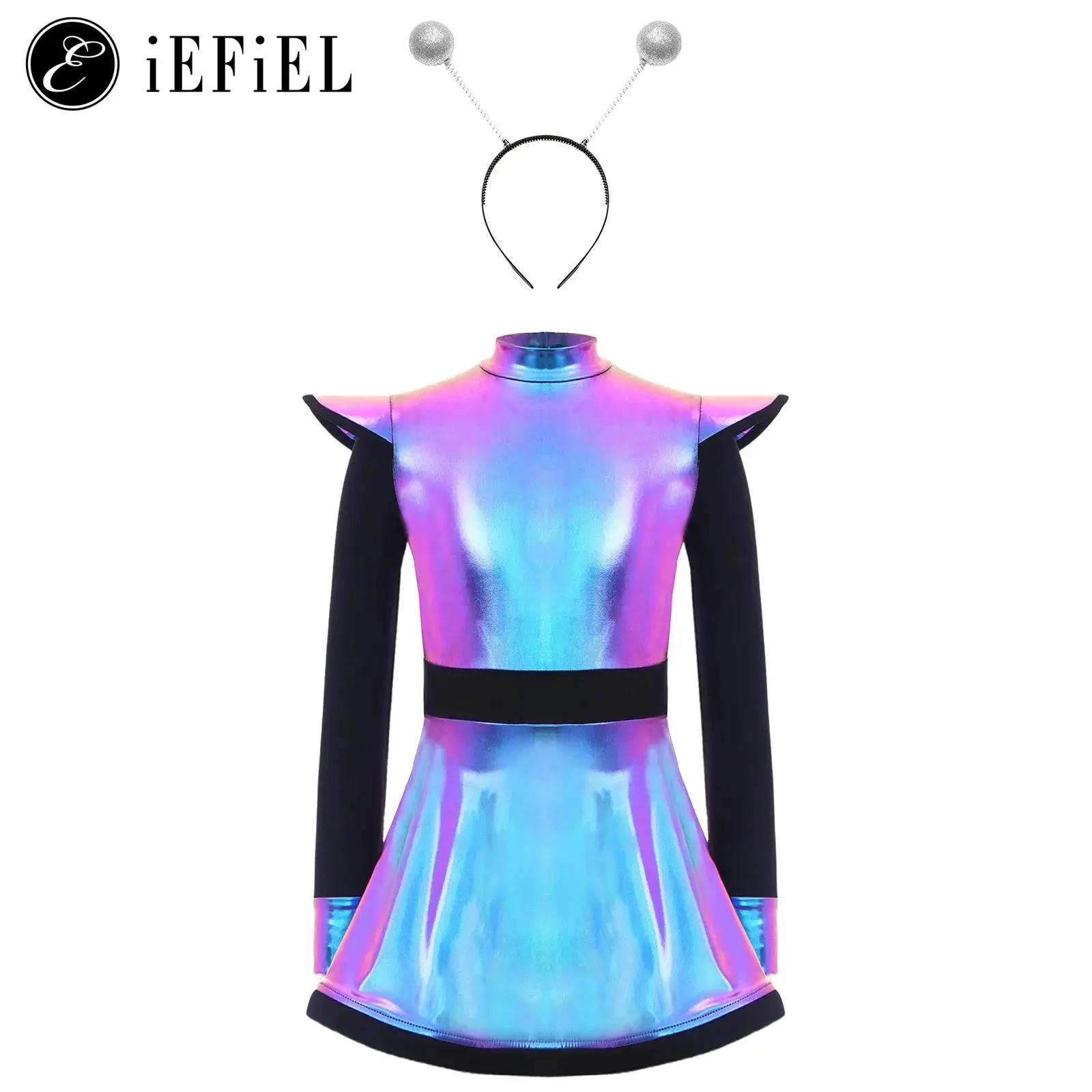 Girls 2Pcs Alien Costume Metallic Shiny Outerspace Costume Mock Neck Long Sleeve Zip Tutu Dress And Hair Hoop Future World Party