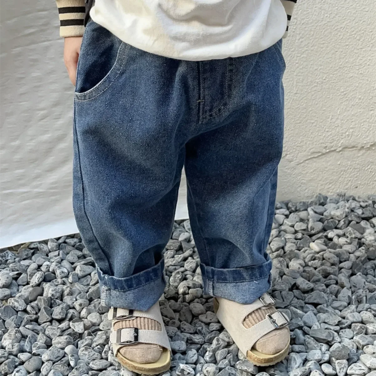 2025 Spring Baby Pants Solid Color Kids Jeans Fashion Boys Casual Pants Girls Loose All-match Trousers