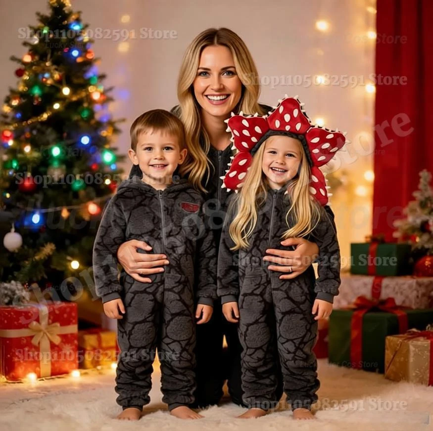 2025 Adult & Kids Christmas Pajamas - Demogorgon Plant Onesie With Easy Grip Zipper, Fun Costume For Holiday Parties & Themed