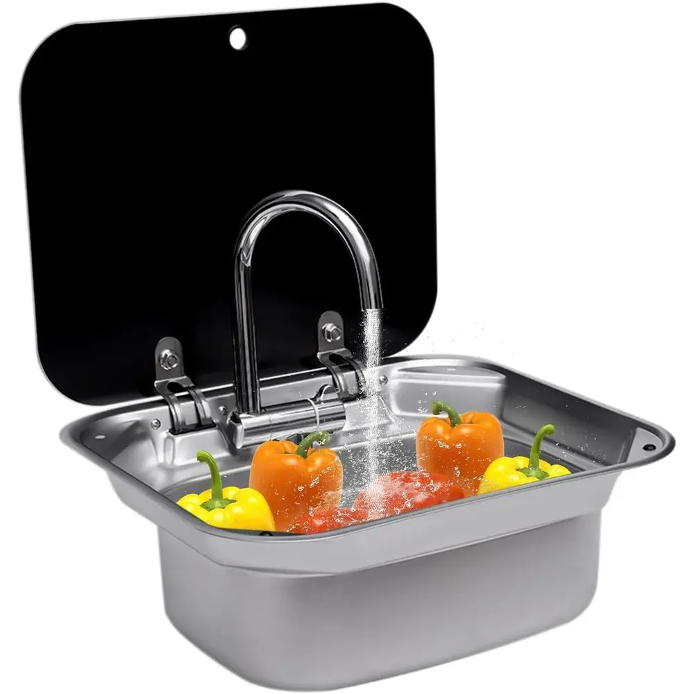 RV Kitchen Sink Unit Caravan Camper Hand Wash Basin w/Folded Faucet Stainless Steel Tempered Glass Lid Washbasin for Camper Trai