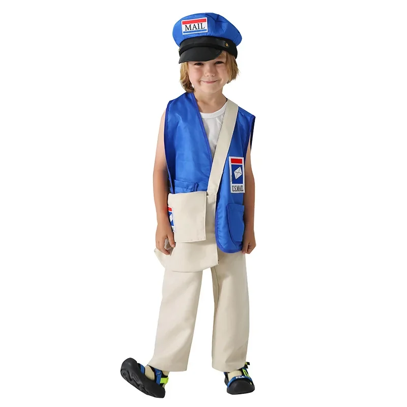 2025 Unisex Boys Postman Fancy Dress up Costume America Mail Carrier Blue Uniform Child Halloween Costume Girls Mailman Cosplay