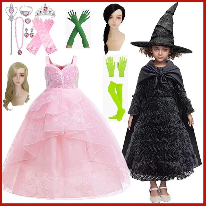 Movie Wicked Glinda Elphaba Cosplay Costume Witch Glinda Sequins Pink Dress Birthday Party Clothes Wedding Princess For Kids