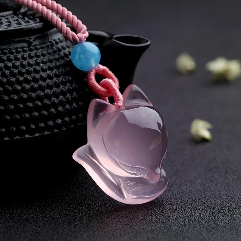 1PC Natural Pink Chalcedony agate Fox Pendant Necklace Fashion Charm Jewelry Carved Amulet Gifts for Women Men Sweater Chain