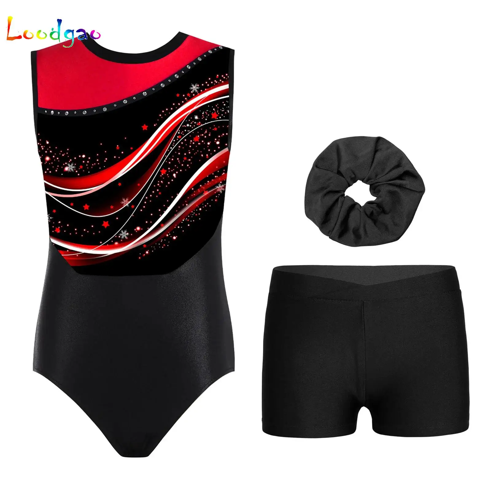 Kids Girls Gymnastics Leotards Bodysuit Sleeveless Ballet Dance Set Workout Figure Skating Unitard with Shorts Hair Band Outfits