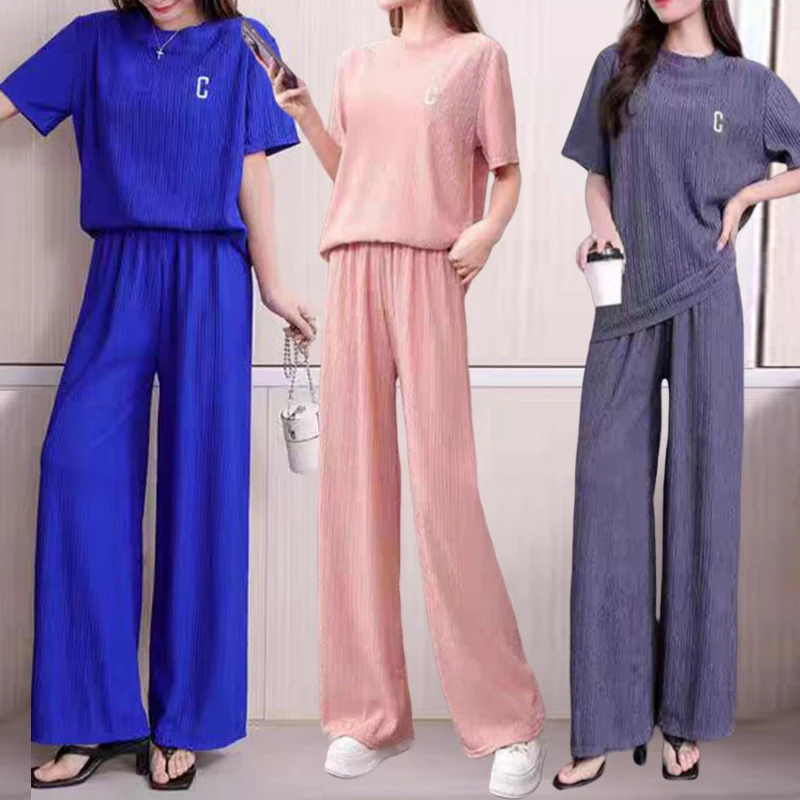 2024 Wrinkle Embroidery Short Sleeved Top Straight Wide Leg Long Pants Set Woman Causal 2 Pieces Pajamas Home Wear Loungewear