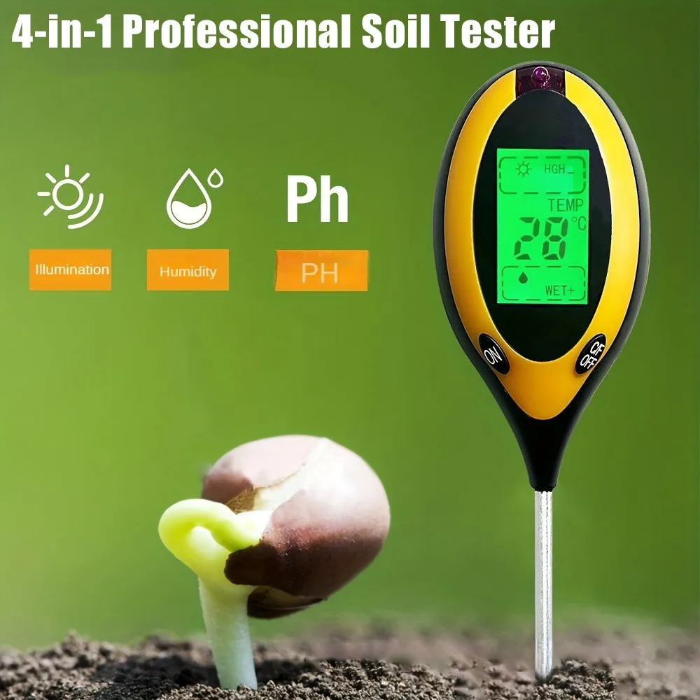 Soil PH Tester 4 in 1 PH Soil PH Detector Light Moisture Fertility pH Temperature Humidity Light Mete Garden for Flowers