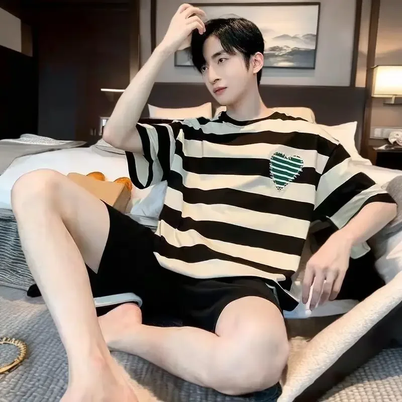 2 Piece Set Pajamas Men Short Sleeves Striped Peach Hearts Student Loungewear Simple Soft Crew Neck Pullover Short Sleepwear