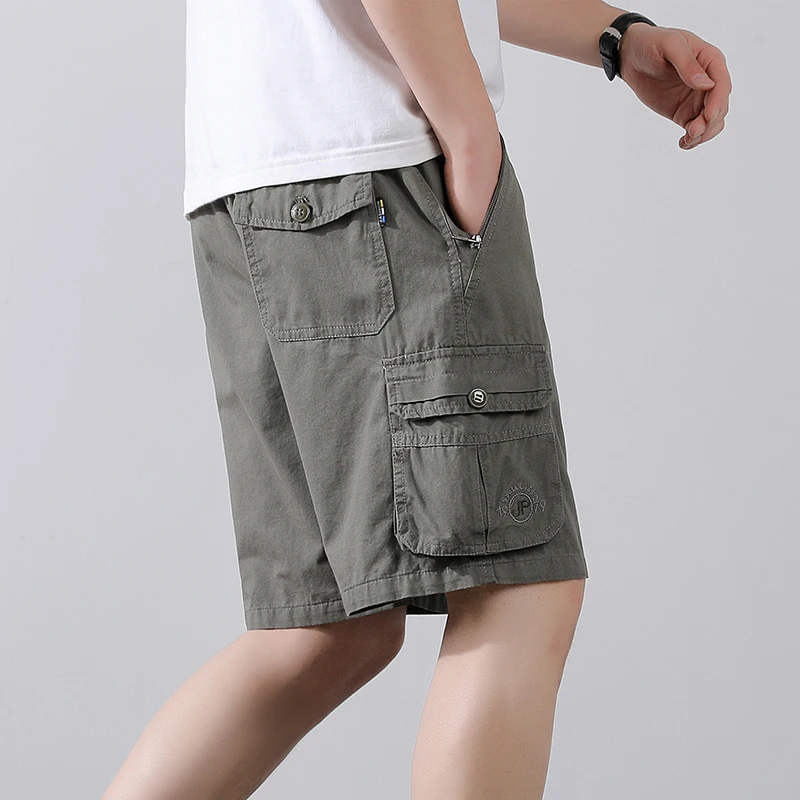 Cotton Cargo Shorts Men Summer Breathable Drawstring Short Pants Casual Loose Straight Work Shorts Elastic Waist Outdoor Shorts