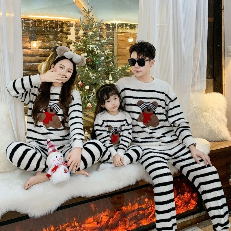 Family Matching Pajamas Set Children Homewear Sleepwear Two-Piece Loungewear Striped Bear Print Mom Dad and Kids Adult Winter