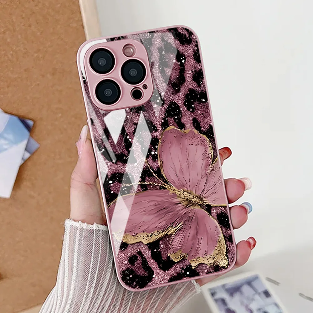 Butterfly Leopard Print Phone Case For iPhone 17 16 14 13 11 12 15 Pro Max Air 16E 8 7 Plus XR SE Tempered Glass Silicone Cover