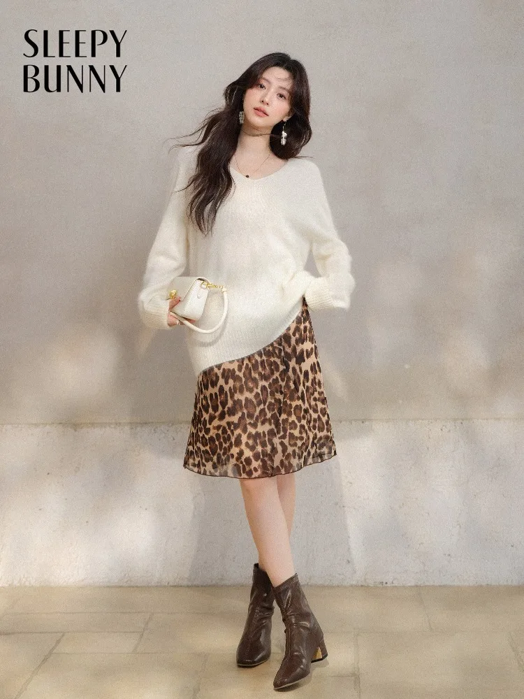 Women Wool Sweater Washed Fleece Leopard Print Skirt Set Lady Spring Gentle Elegant Two Piece Outfit Casual Soft Matching Set
