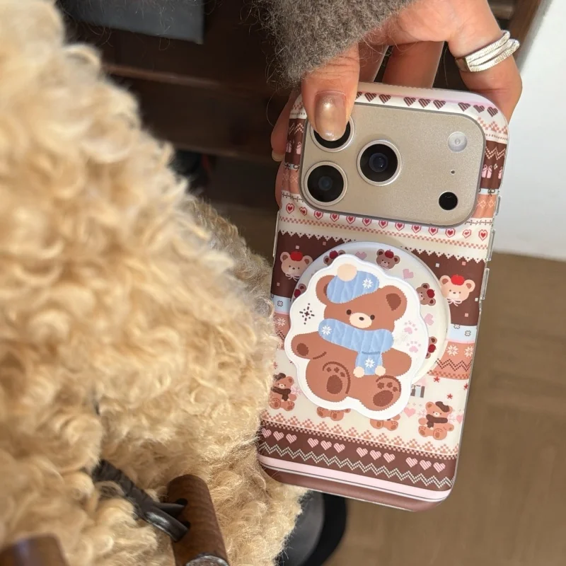 Korean Cute Bear Magnetic Phone Case For iPhone 17 Pro 16 15 14 Pro Max Cover with Magsafe Stand Holder Kawaii Hard Cases Funda