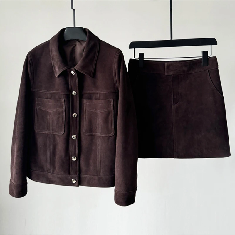 Retro Coffee Purple Women Goatskin Clothes Imported Suede Kid Leather Single-breasted Jacket & A-line Skirt Real Leather Clothes