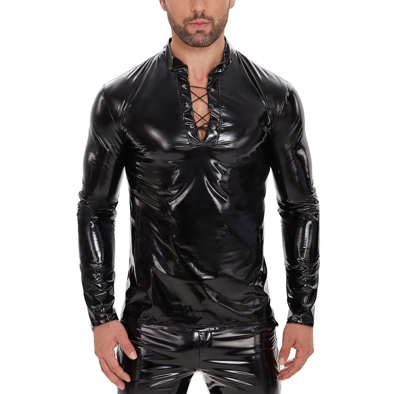 Mens PU Leather Long Sleeve Shiny T-shirt O Neck Tee Shiny Glossy Tops Gothic Streetwear Nightclub Top Nightclub Casual Shirt
