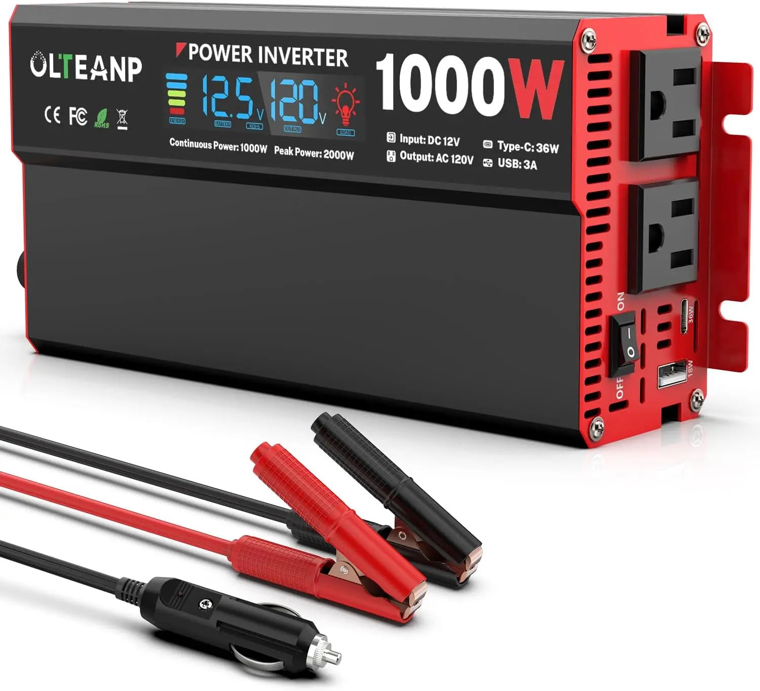 1000W Car Power Inverter 12V to 110V AC with LCD Display, USB-C Port, 2 Outlets for Vehicles & Home Use