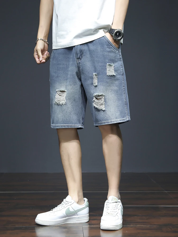 Summer Men's Blue Denim Shorts Y2k Cotton Loose Straight Ripped Fashion Shorts Men Korean Trendy Casual Streetwear Short Jeans
