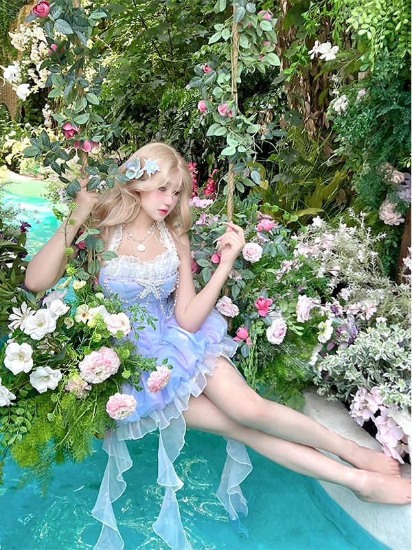 2026 Jellyfish Bud Skirt Beach Atmosphere Summer Vacation Island Style Sexy Halter Neck Slimming Elegant Fairy Style Short Dress