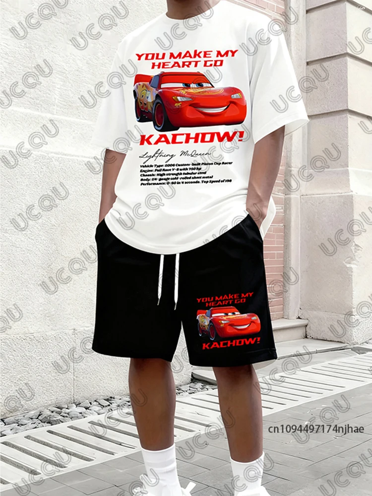 2026 Lightning Mcqueen Print Men's Tracksuit Summer Short Sleeve T Shirt+Shorts Sets Casual Suit Sportswear 2 Piece Clothes