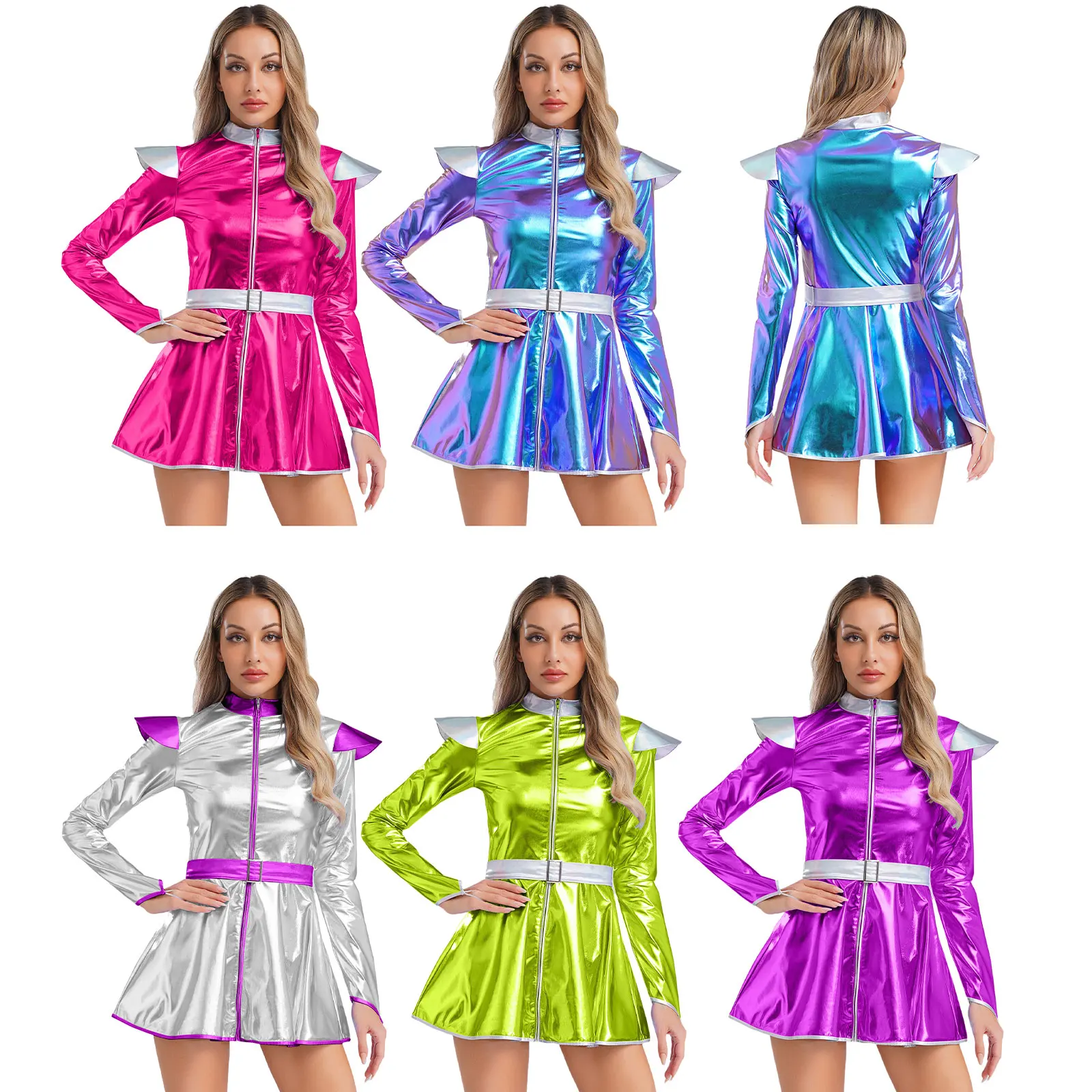 Women Halloween Alien Costume Long Sleeves Front Zip A-line Dress with Belt Shiny Metallic Outer Space Cosplay Costume