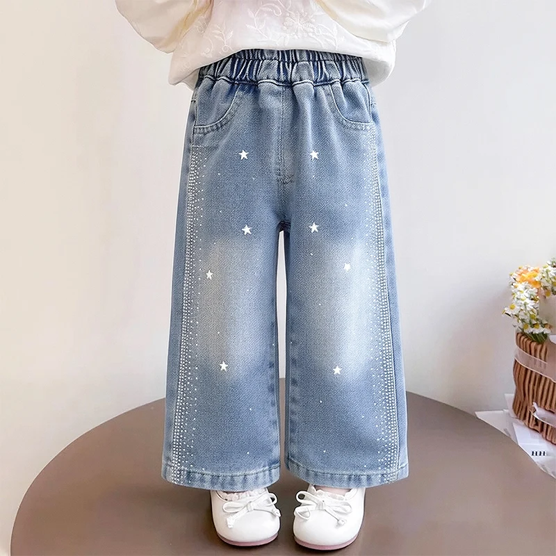 Spring and Autumn Girls' Jeans Baby Girls' Washed Soft Denim Straight Wide-Leg Pants Children's Korean-Style Loose Long Pants