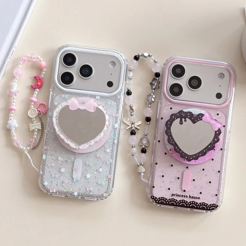 Korean Sequins Bow Polka Dot Magnetic Phone Case For iPhone 17 Pro 14 16 15 Pro Max Cover with Magsafe Stand Cute Cases 16Promax