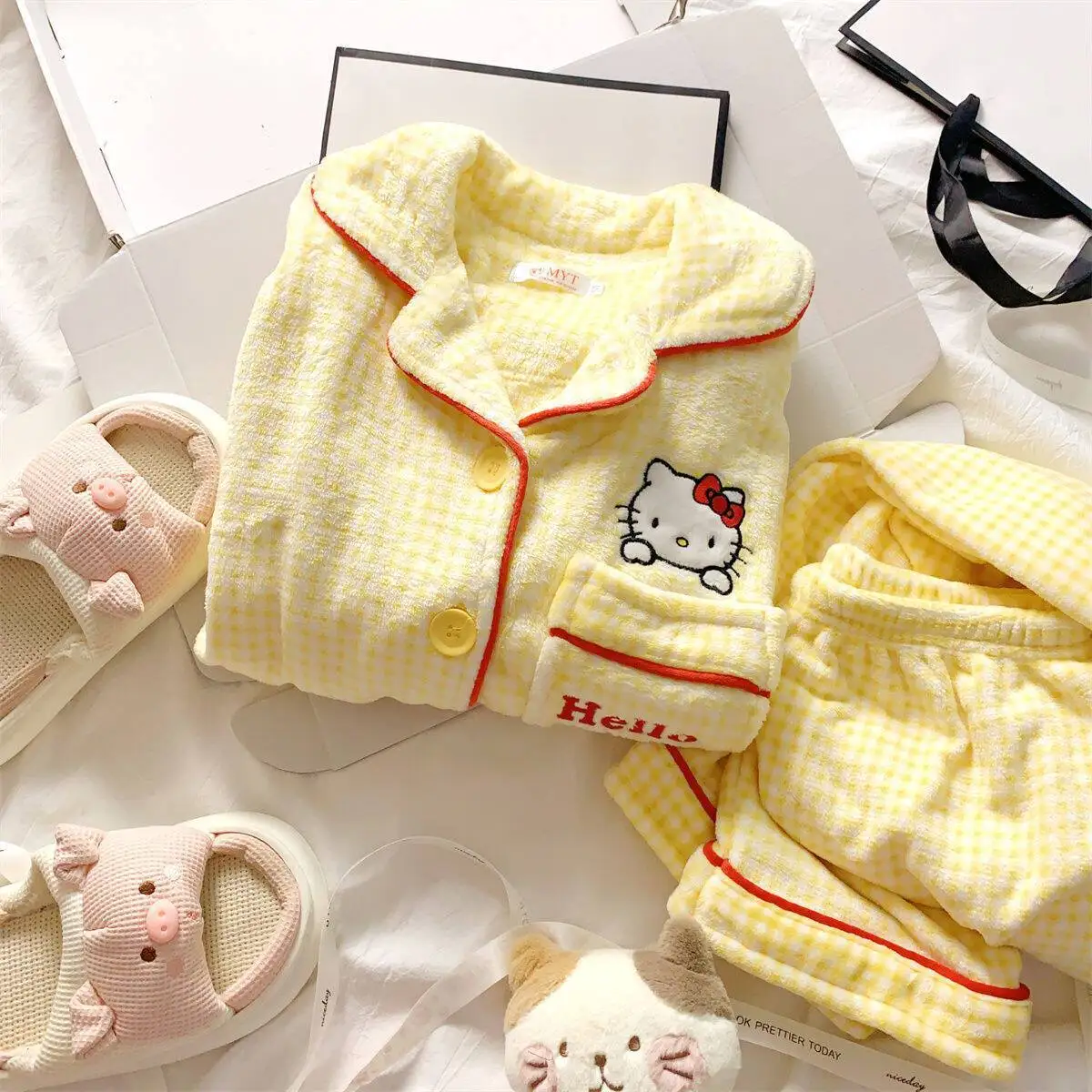 Anime 2Pcs Woman's Pajamas Set Casual Girl Student Cardigan Pants Red Grid Thicken Warm Fashion Casual Cute Korean Homewear Gift