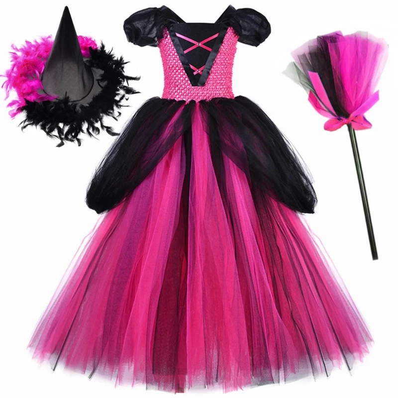 Hot Pink Black Witch Costume for Girls Halloween Tutu Dress Long Lined Toddler Kids Carnival Party Witch Dress Up with Hat Broom