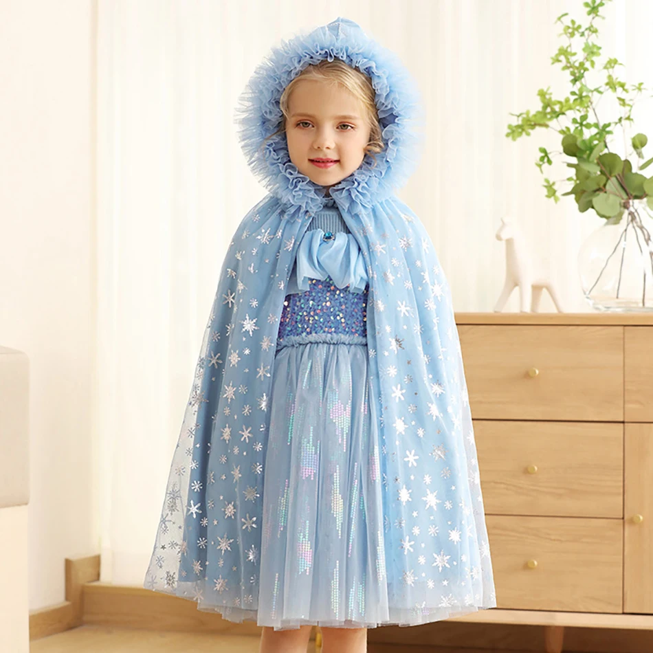Winter Autumn Girl Elsa Shawl Child Christmas Carnival Ball Cape Dress Up Halloween Costumes Kids Princess Cosplay Cloak Clothes