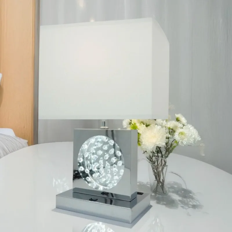 Stunning Chrome Crystal Centerpiece Lamp Night Light + USB + Power Outlet Home Decor